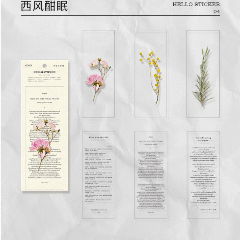 Sticker pet vintage hình dán hoa lá hình chữ set 6 miếng nền trong , trang trí sổ